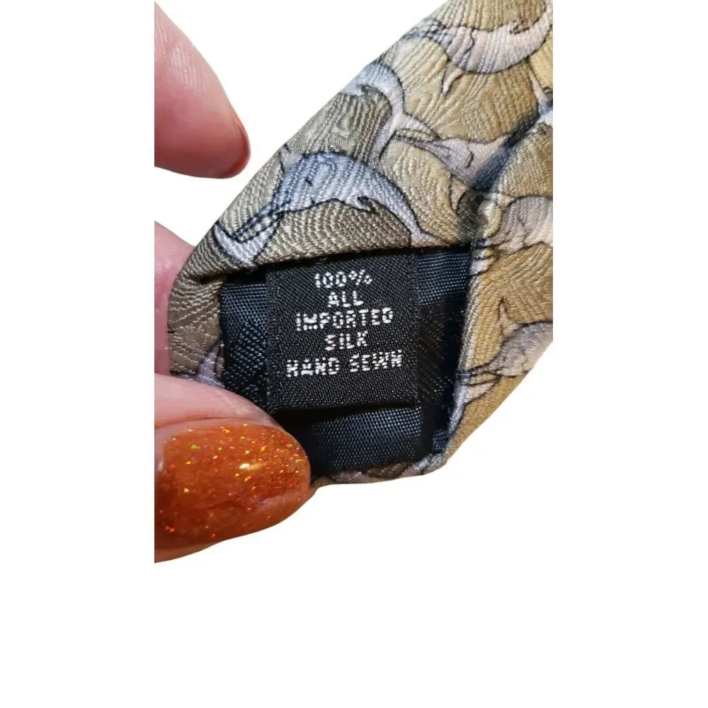 The Nature Conservancy 'Marlin'‎ Neck Tie Mens Tan Blue Dolphins 100% Silk Work